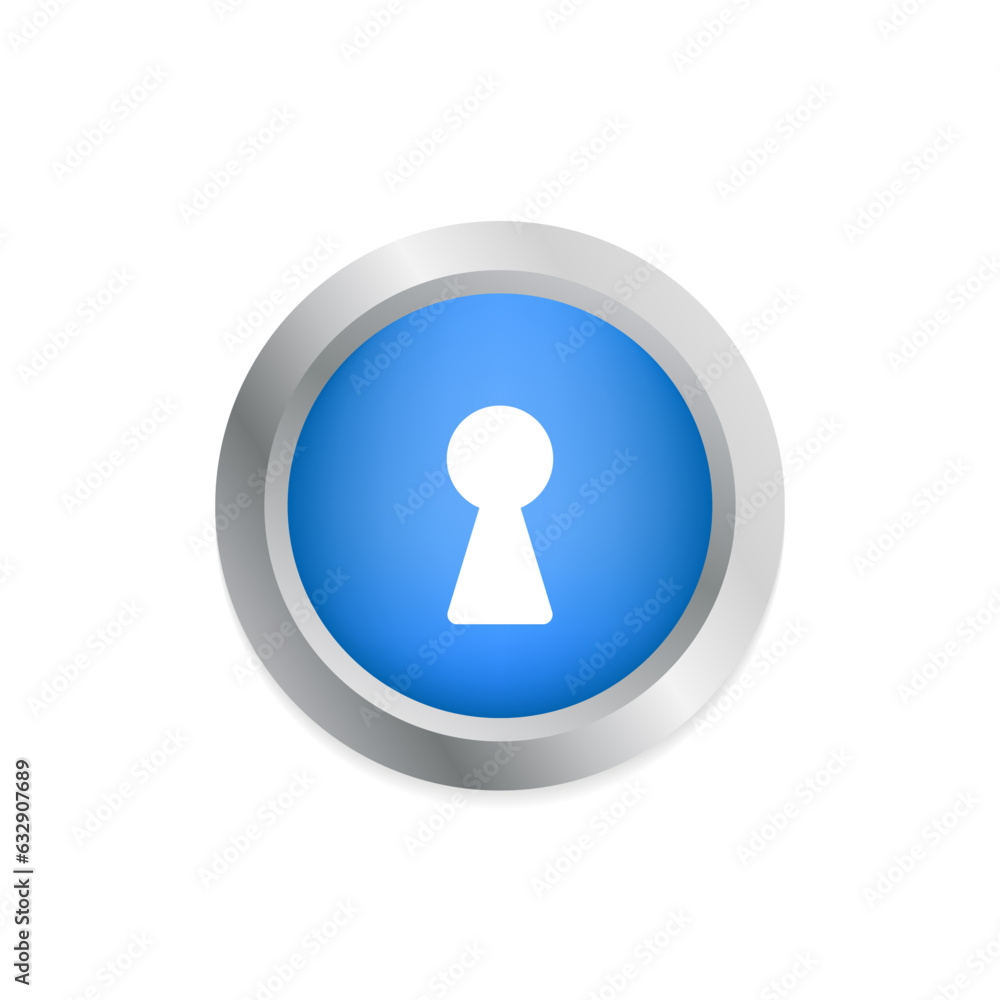 Blue metal button - with white keyhole and shadow. Mysterious door lock. Vector illustration Blue metal button - with white keyhole and shadow. Mysterious door lock. Vector illustration