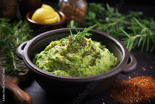 mashed avocado in a bowl with spices and herbs
