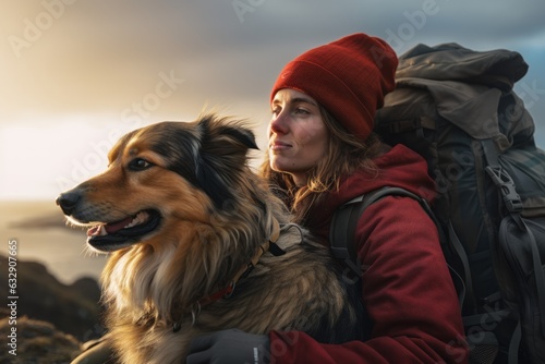 a woman with a dog on top of a mountain. pets Concept travel .generative ai. © robertuzhbt89