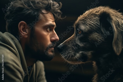 a man strokes a dog close-up. pets.generative ai.