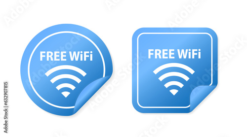 Free wi-fi vector label. Round and square sticker on a white background. Free wifi zone blue icon. Free wifi here sign concept. Vector illustration