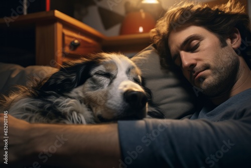 a man with a dog is sleeping on the sofa at home. a dog is a man's friend. pets .generative ai.