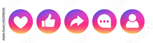 Round buttons in 3d style with gradients, share arrow, message, comment. Social media template icons. Blog concepts for website, web page, promotional materials. Vector illustration