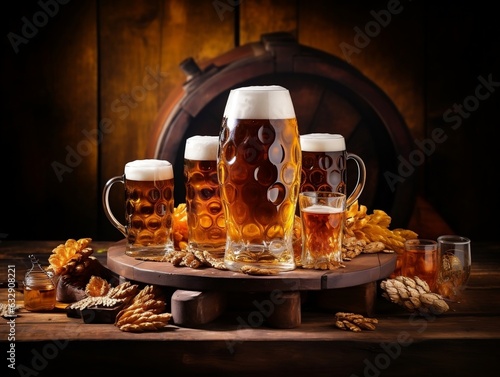 Beer glasses with beer barrel on table generative ai