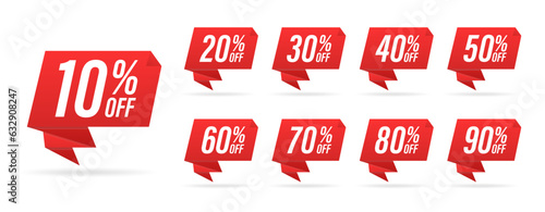 Sale and discount labels. Label price. 10, 20, 30, 40, 50, 60, 70, 80, 90 percent sale. Speech bubble discount tag. Vector illustration