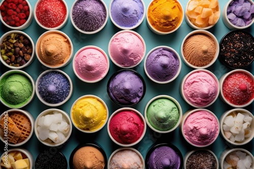 ice cream toppings arranged in colorful bowls