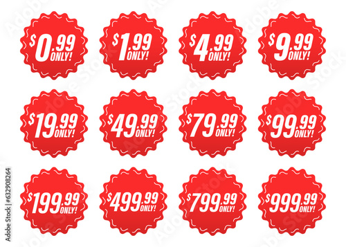 Discount price tag from 0.99 to 999.99 dollar set. Special sale offer advertising with price-off label template. Save money with clearance purchase shop product price sticker. Vector illustration