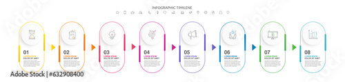 Timeline vector infographic with infochart and arrows. Business modern template presentation with 8 steps and icons for the process. Art template on white background with eight circles