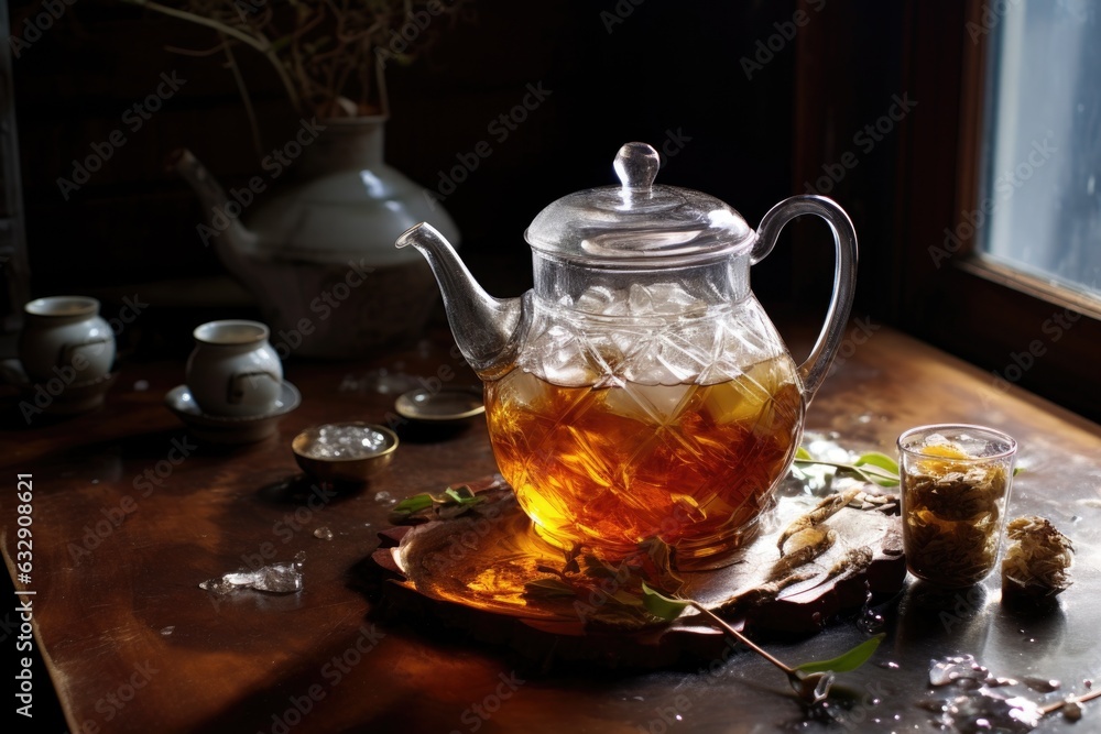 steeping tea in a clear teapot with ice cubes nearby