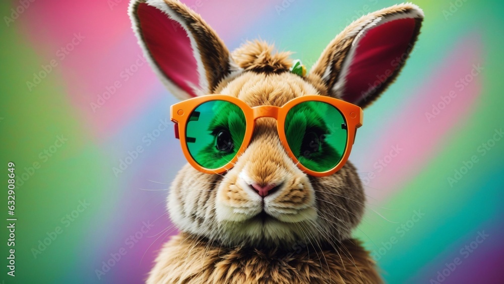 easter bunny with glasses and colourful background 