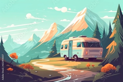 Drawing of a caravan stopped on the road to the mountains. Generative AI. © Agustin