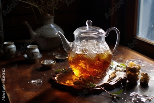 steeping tea in a clear teapot with ice cubes nearby