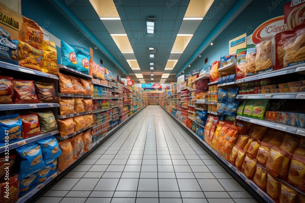 Grocery Store Aisle Filled With Various Snacks, Generative AI  - obrazy, fototapety, plakaty 