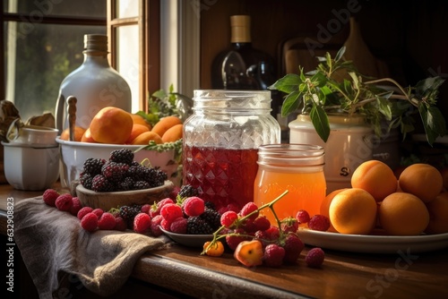 ingredients for jam-making  sugar  pectin  and fresh fruit on a kitchen counter