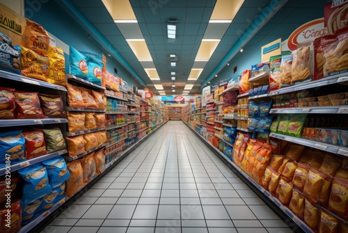 Grocery Store Aisle Filled With Various Snacks, Generative AI 