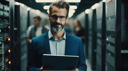 Portrait of handsome man while working with servers in a data center.
