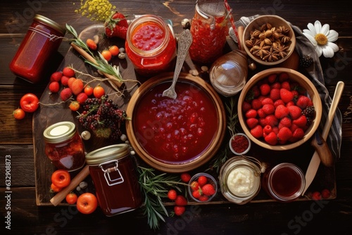 beautiful flat lay of jam-making process and ingredients