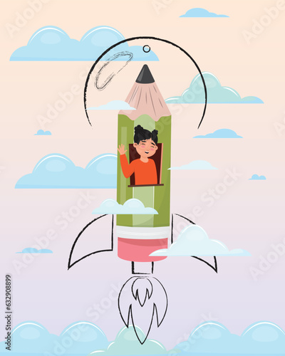 Girl in the pencil rocket flying in the sky. Start, creativity, dreaming, school, education, adventure concept illustration.