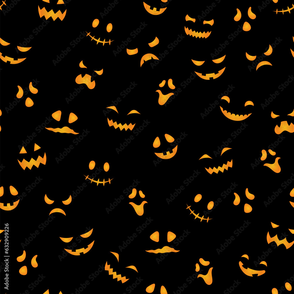 Cute Halloween seamless pattern. Vector pumpkin carved scary faces texture, funny smiling ghost masks orange print on black background for decoration, fabric print, web, app, wallpaper, digital paper Cute Halloween seamless pattern. Vector pumpkin carved scary faces texture, funny smiling ghost masks orange print on black background for decoration, fabric print, web, app, wallpaper, digital paper