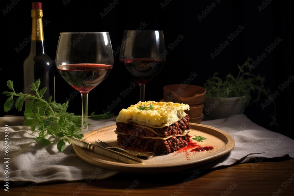 homemade lasagna with a glass of red wine