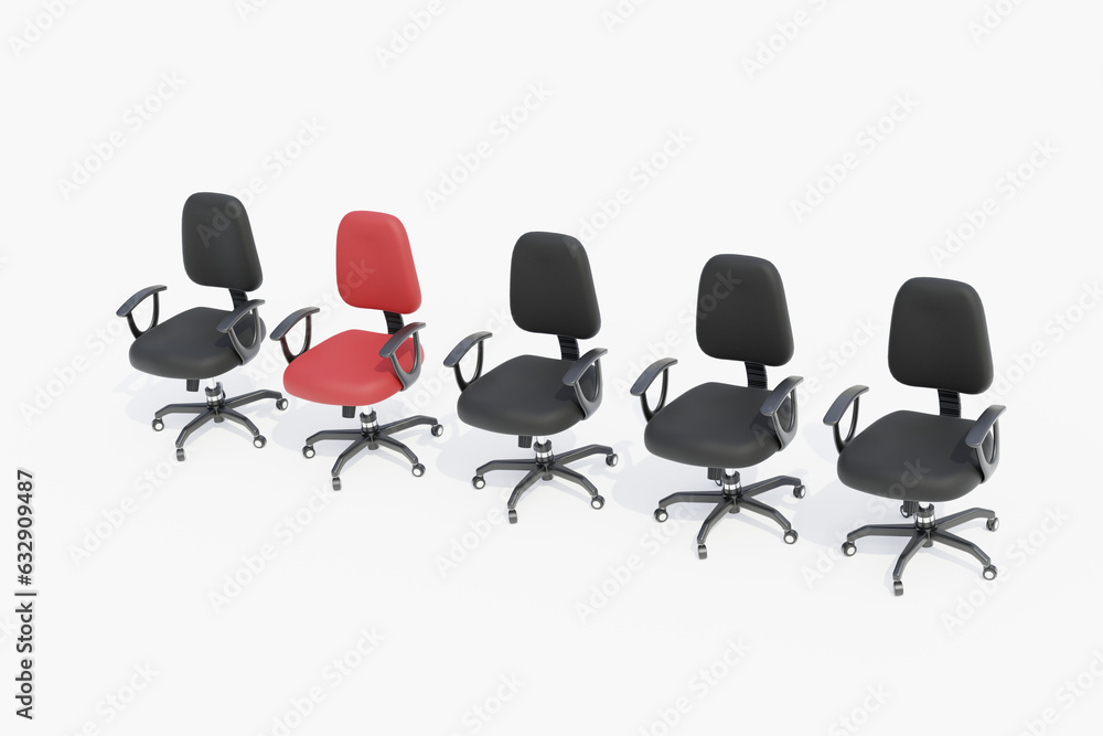 Row of five office chair, one red and four black chairs, career concept Row of five office chair, one red and four black chairs, career concept