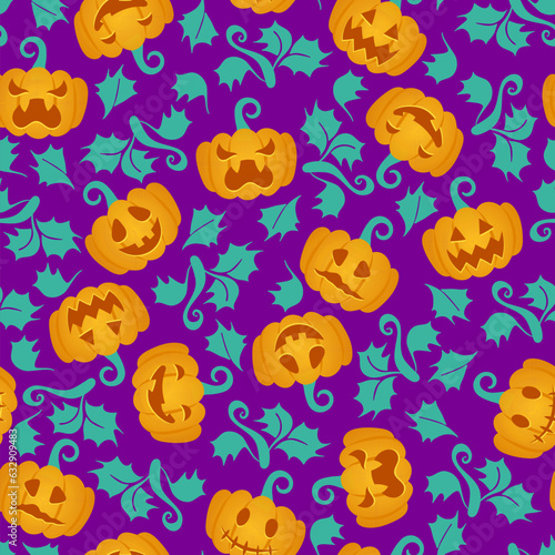 Halloween pumpkins seamless pattern. Vector Happy Halloween print with smiling spooky carving faces pumpkins on neon violet background. For wrapping, fabric, holiday decoration, textile
