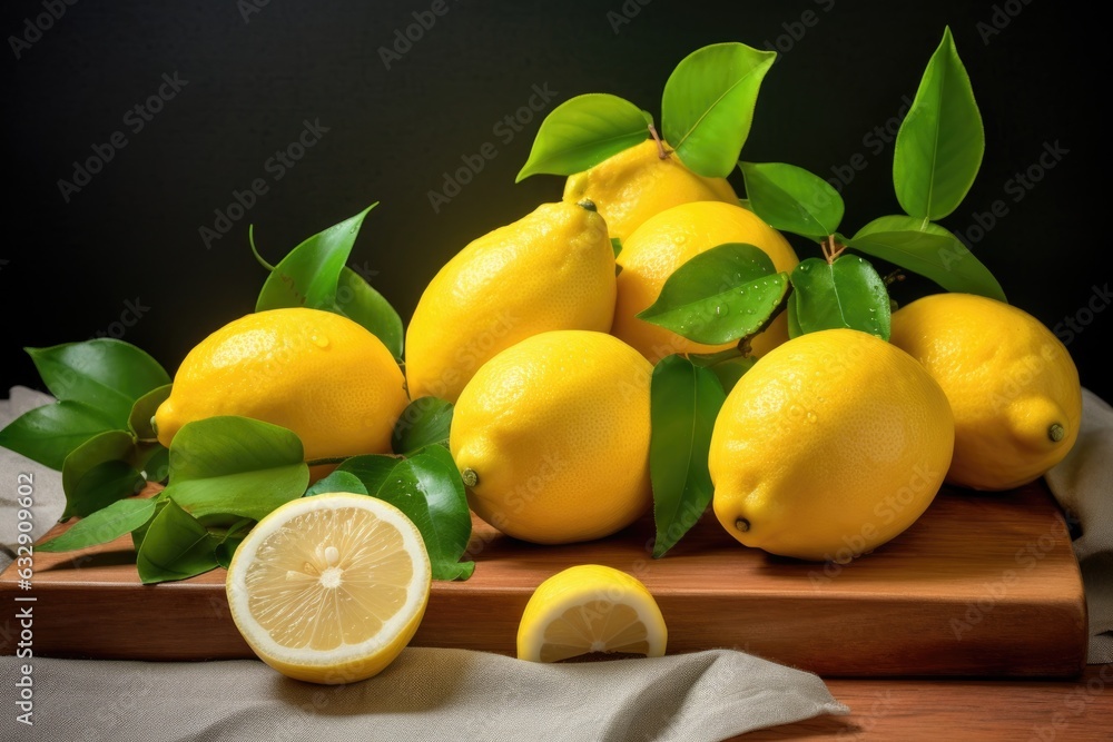 fresh lemons and lemon slices on a wooden board