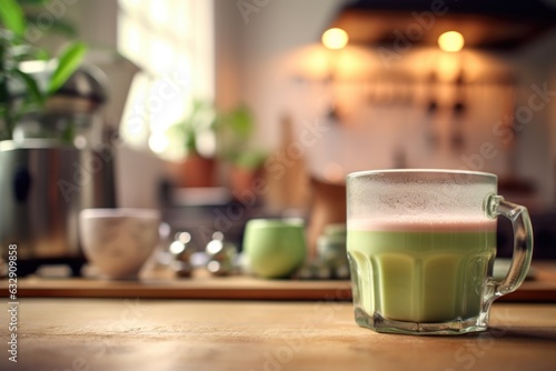 blurred background of a cozy kitchen with matcha latte in focus
