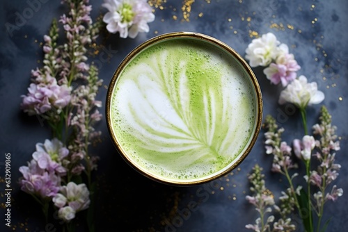overhead view of frothy matcha latte in a cup