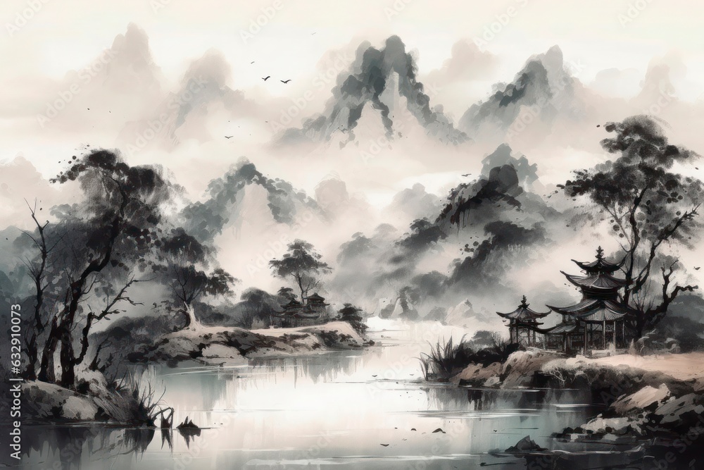 Painting of red trees and a river, in the style of traditional Chinese landscape. Generative AI.
