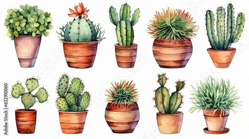 cactus set  watercolor style Generative AI