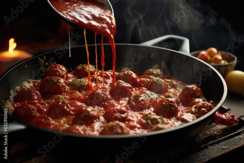 pouring tomato sauce over raw meatballs in a pan
