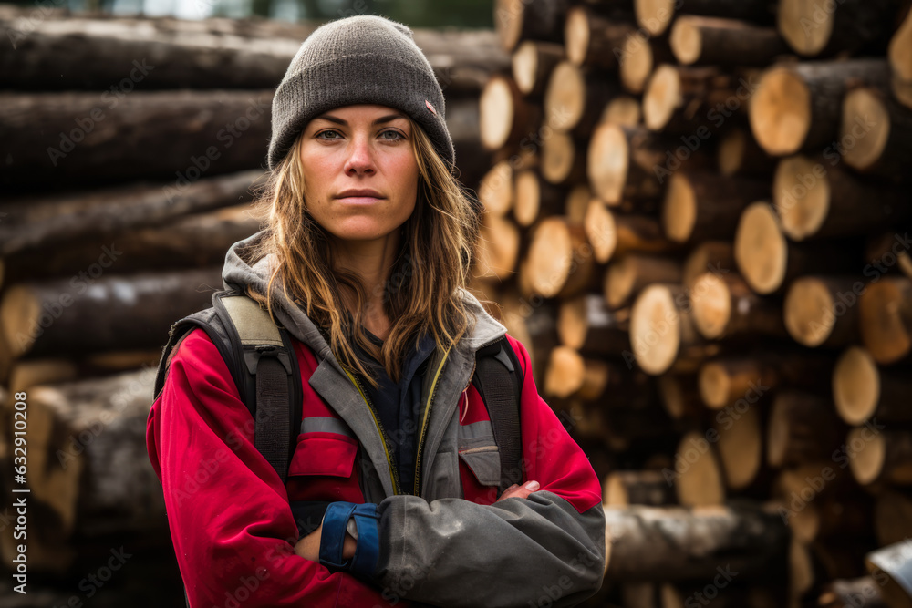 Young logging worker woman at work. Generative AI. Young logging worker woman at work. Generative AI.