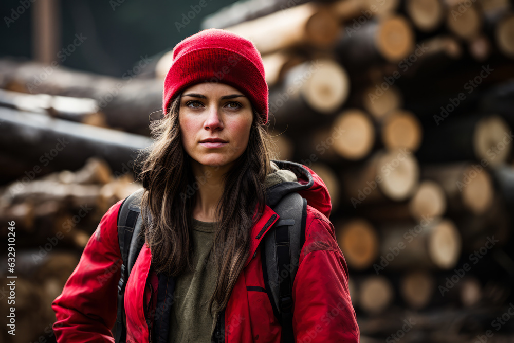 Young logging worker woman at work. Generative AI.