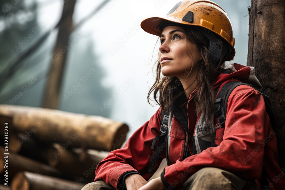 Young logging worker woman at work. Generative AI.
