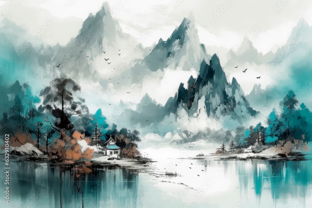 Painting of red trees and a river, in the style of traditional Chinese landscape. Generative AI.