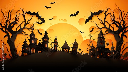 halloween, witch castle, bats, pumpkins on yellow background.