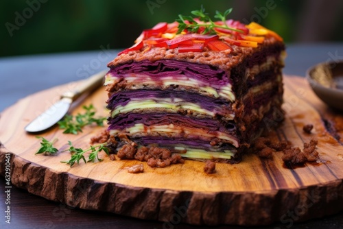 layering moussaka in a glass baking dish
