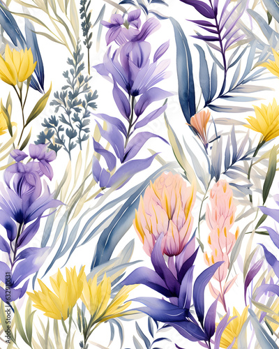 Wild Flowers bloom watercolor seamless pattern 