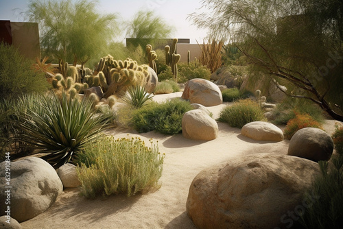 Desert garden with sandstone boulders and desert plants, Landscape Design,  photo