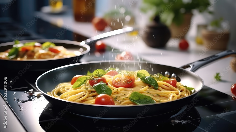 Rapid Pasta Meals dishes on the gas stove in modern kitchen.