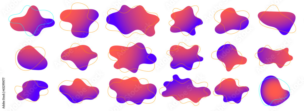 Organic amoeba blob shape gradient vector illustration set Abstract irregular form Flat style Fluid for design and paint Simple amoeba shape Asymmetric spot Clipart of bubble blotch, deform drip Organic amoeba blob shape gradient vector illustration set Abstract irregular form Flat style Fluid for design and paint Simple amoeba shape Asymmetric spot Clipart of bubble blotch, deform drip
