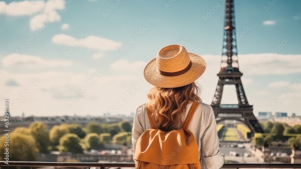 Rear view young girl with backpack in hat standing looks into the distance at the Eiffel Tower in Paris, Travel concept.
