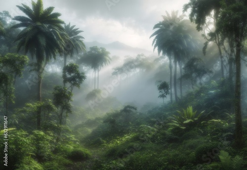 Exotic foggy forest. Jungle panorama  forest oasis. Foggy dark forest. Natural forest landscape