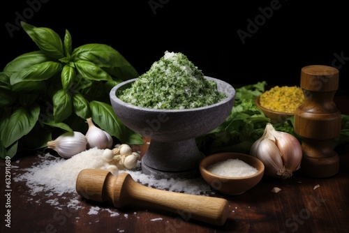 mortar and pestle with crushed basil and garlic mix