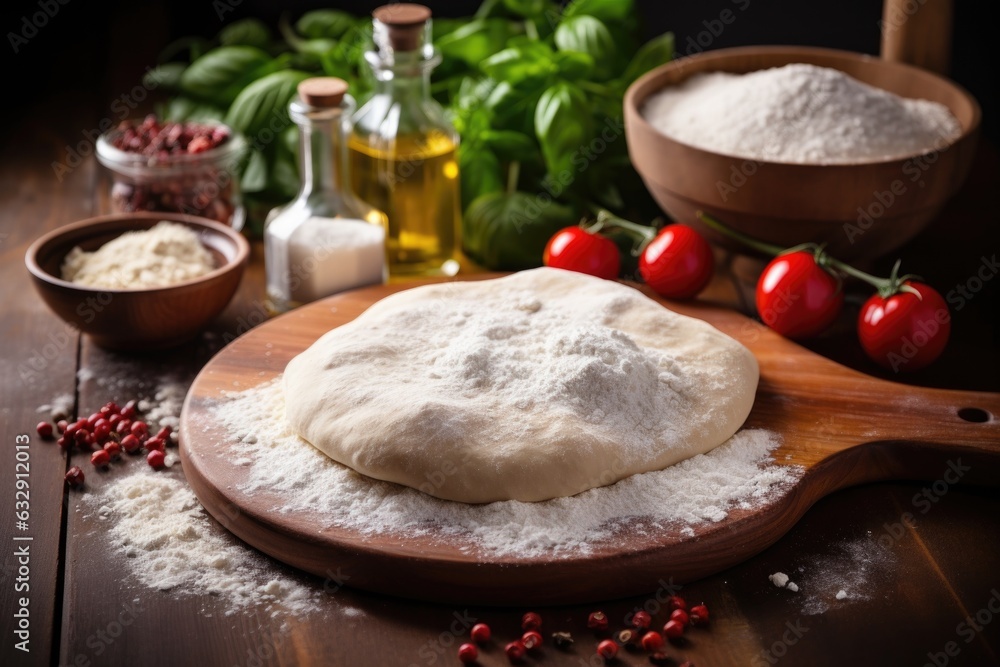 fresh pizza dough on wooden board with flour fresh pizza dough on wooden board with flour