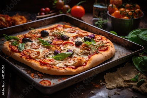 oven-ready pizza on a baking tray