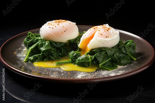 a pair of poached eggs served on a bed of spinach