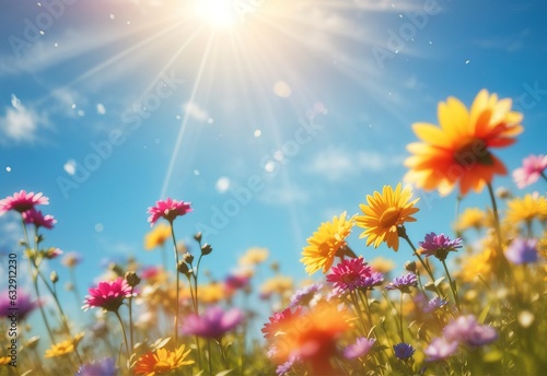 Colorful flower meadow with sunbeams and blue sky and bokeh lights in summer - nature background banner with copy space
