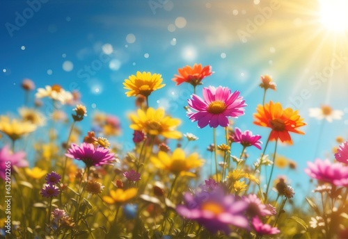 Colorful flower meadow with sunbeams and blue sky and bokeh lights in summer - nature background banner with copy space © Jasmine